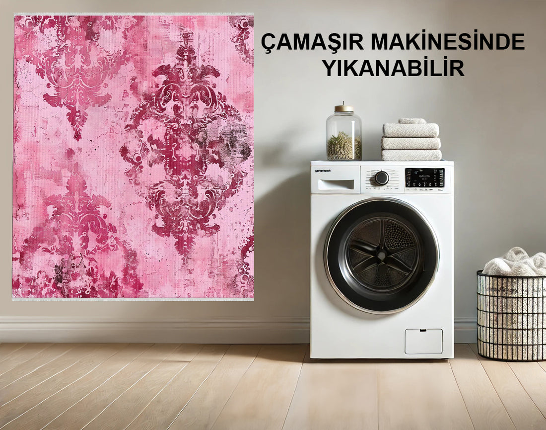 Vintage Damask Baskılı Halı - Pembe ve Kırmızı - Solmaya Dayanıklı, Yumuşak Doku