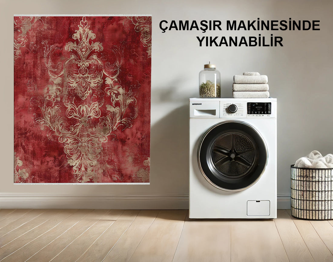 Vintage Kırmızı Eskitilmiş Damask Halı - Makinada Yıkanabilir; Kaymaz; Evcil Hayvan ve Çocuk Dostu