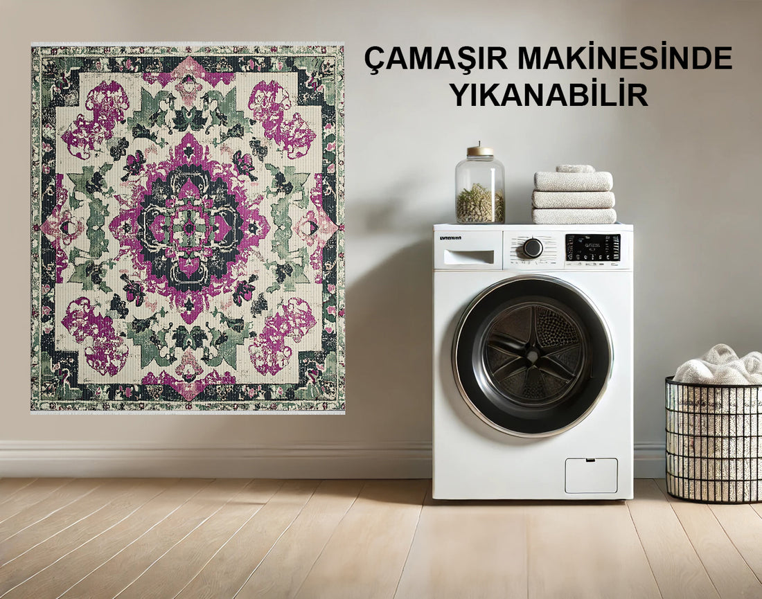 Vintage Eskitilmiş Çiçek Desenli Halı - Yeşil, Pembe ve Krem