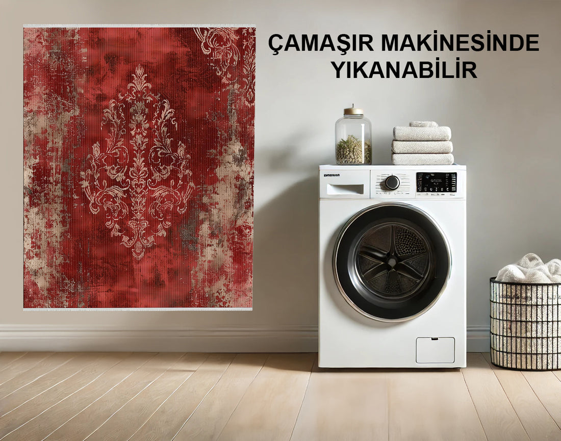 Kırmızı ve Bej Makinede Yıkanabilir Damask Halı - Kaymaz, Leke Tutmaz