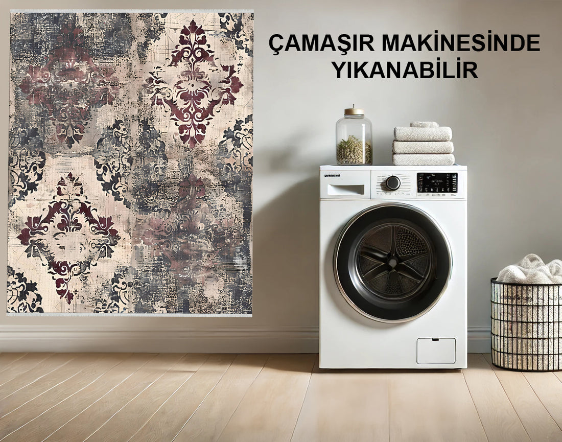 Krem Mor Sıkıntılı Damask Desenli Halı