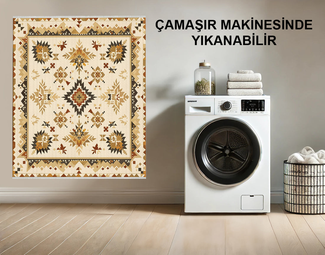 Güneybatı Geometrik Kilim Halı - Bej, Kahverengi ve Fildişi - Rustik ve Kabile Tasarımı