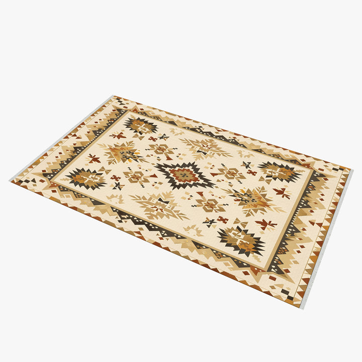 Güneybatı Geometrik Kilim Halı - Bej, Kahverengi ve Fildişi - Rustik ve Kabile Tasarımı