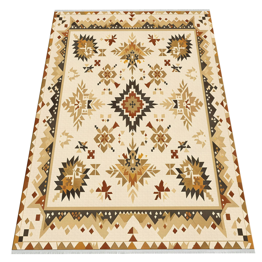 Güneybatı Geometrik Kilim Halı - Bej, Kahverengi ve Fildişi - Rustik ve Kabile Tasarımı