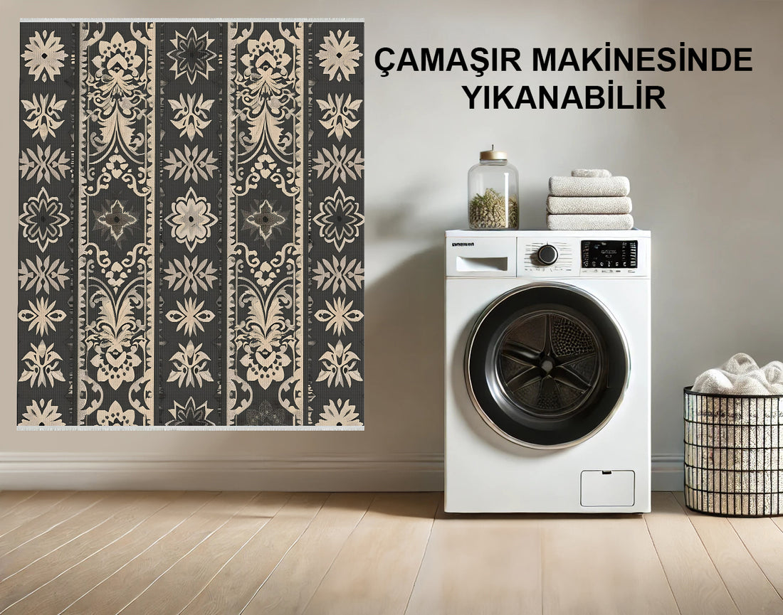 Siyah ve Bej Geometrik Şekilli Halı - Makinede Yıkanabilir