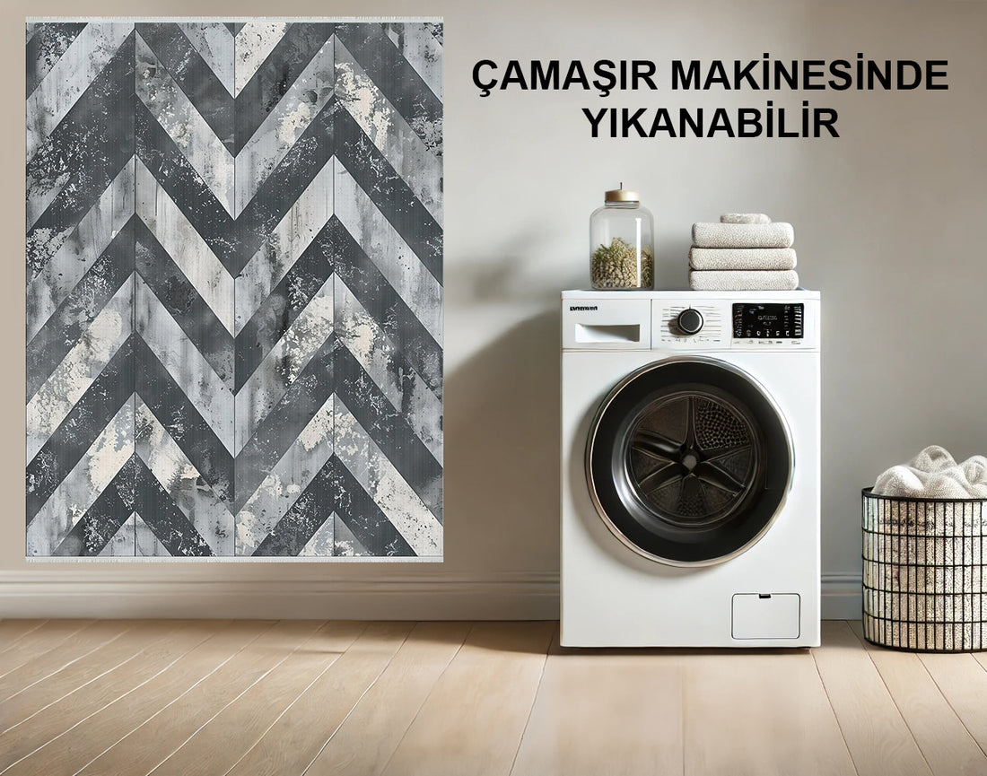 Modern Chevron Desenli Halı - Gri ve Beyaz - Soyut Tasarım, Dayanıklı ve Şık