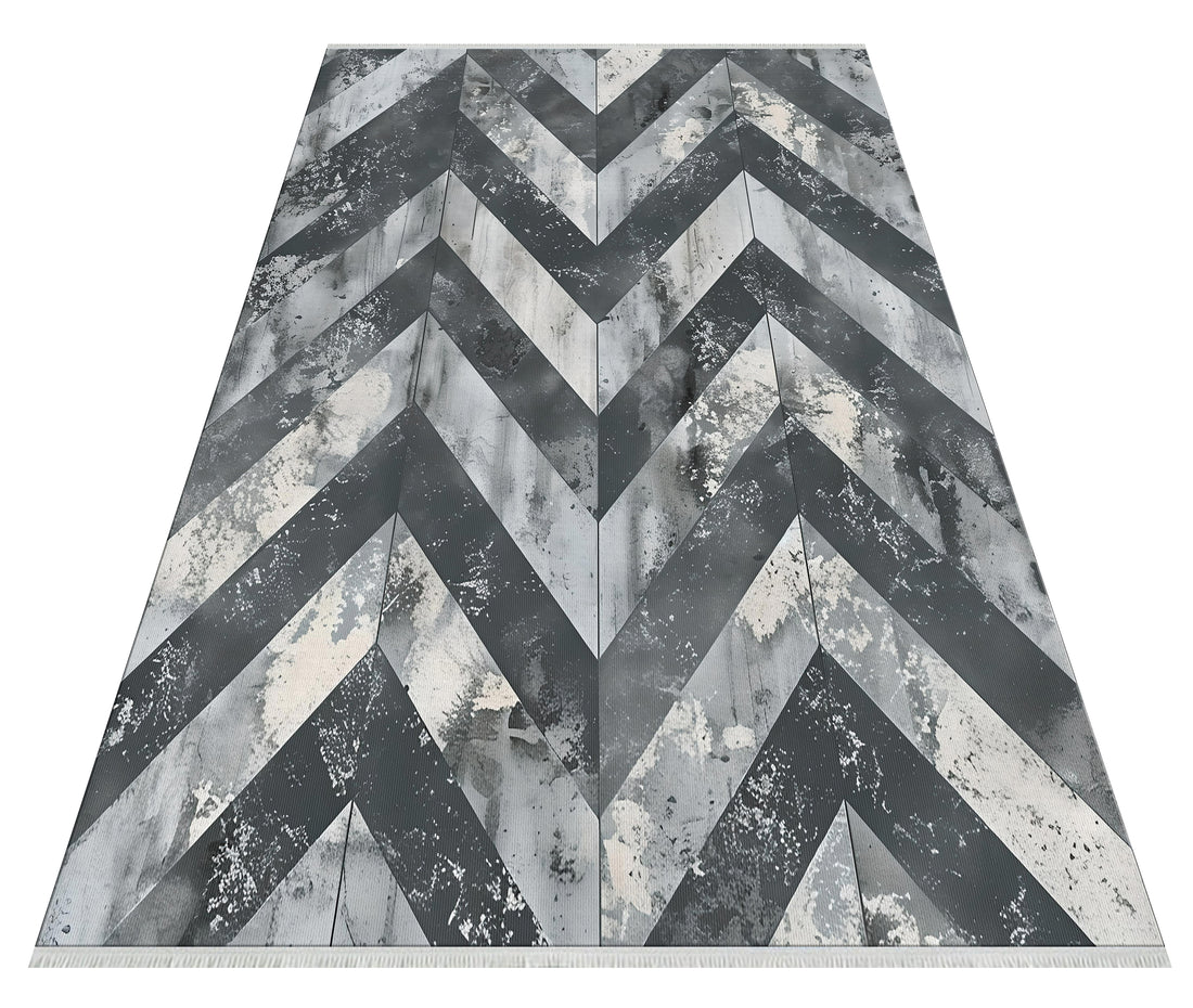 Modern Chevron Desenli Halı - Gri ve Beyaz - Soyut Tasarım, Dayanıklı ve Şık