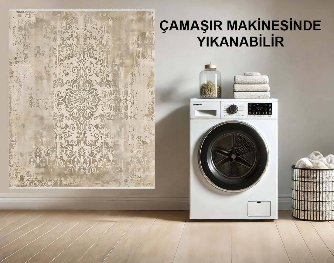 Eskitilmiş Vintage Yıkanabilir Halı - Bej ve Fildişi - Zamansız Soluk Damask Tasarım