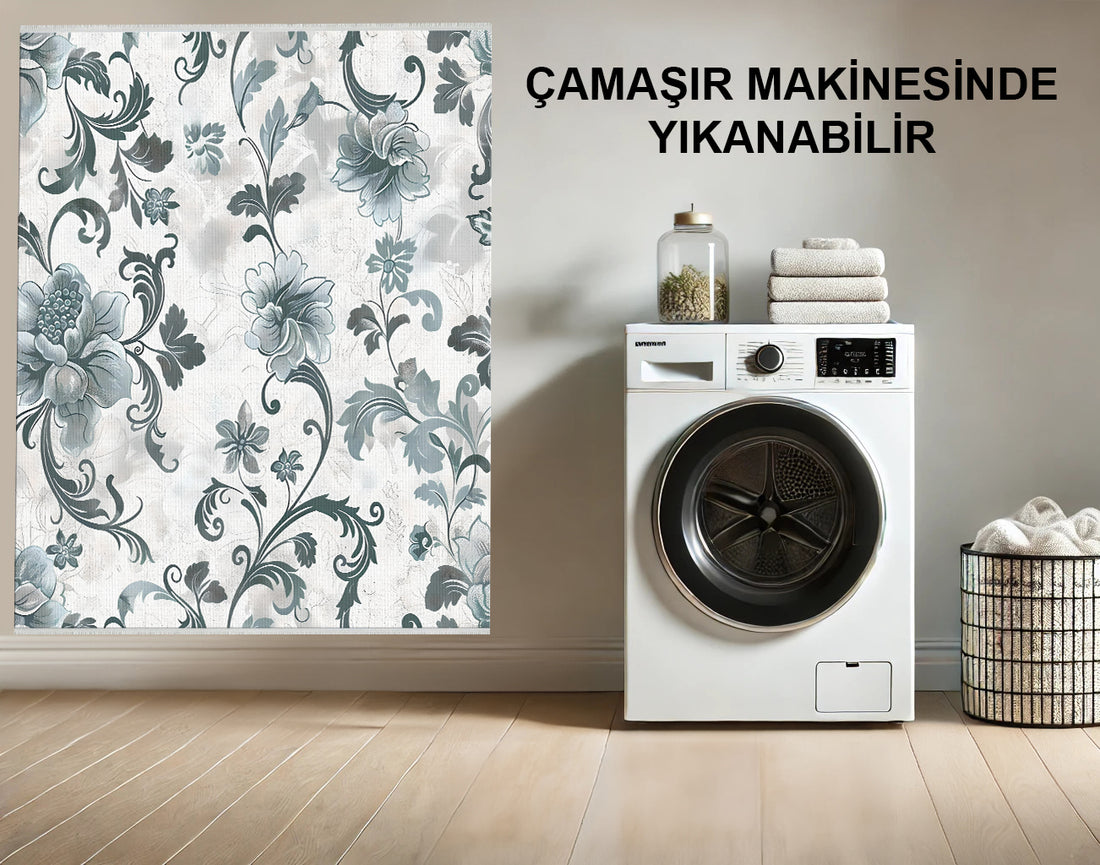 Boho Çiçek Desenli Gri Makinede Yıkanabilir Halı