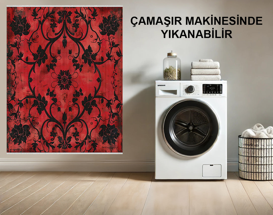 Eskitilmiş Görünümlü  Damask Kırmızı Halı