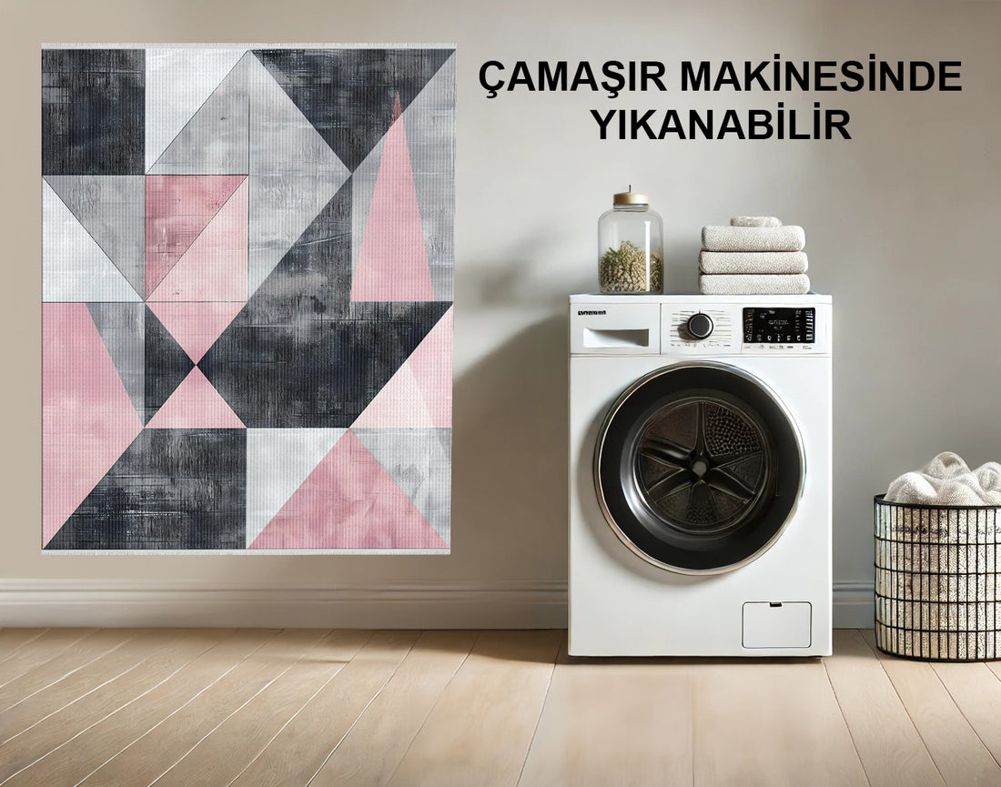 Makinede Yıkanabilir Geometrik Desenli Pembe ve Gri Alan Halısı - Kaymaz, Kolay Temizlenir