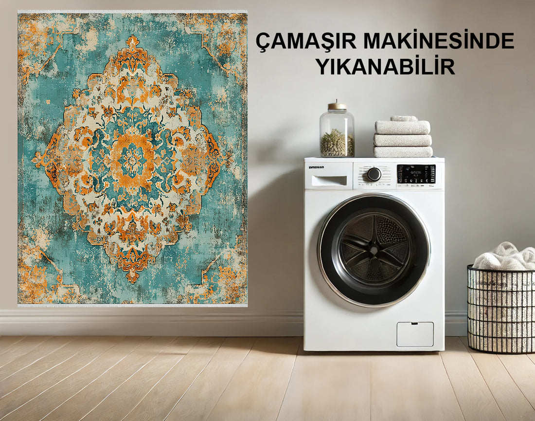 Makinede Yıkanabilir,Pamuk Dokumalı,Deniz Mavisi ve Turuncu Vintage Tarzı Halı