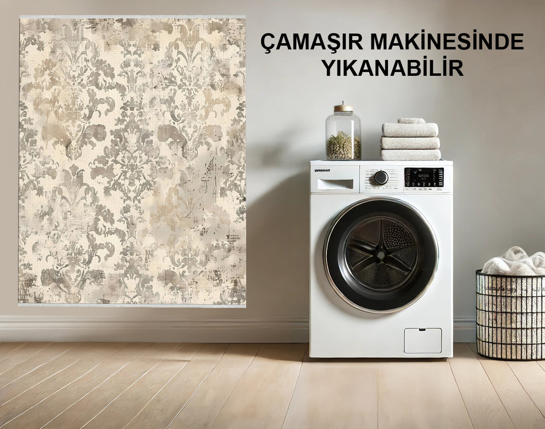 Vintage Çiçekli Halı; Bej ve Gri -Yıpratılmış Damask Desenli Tasarım