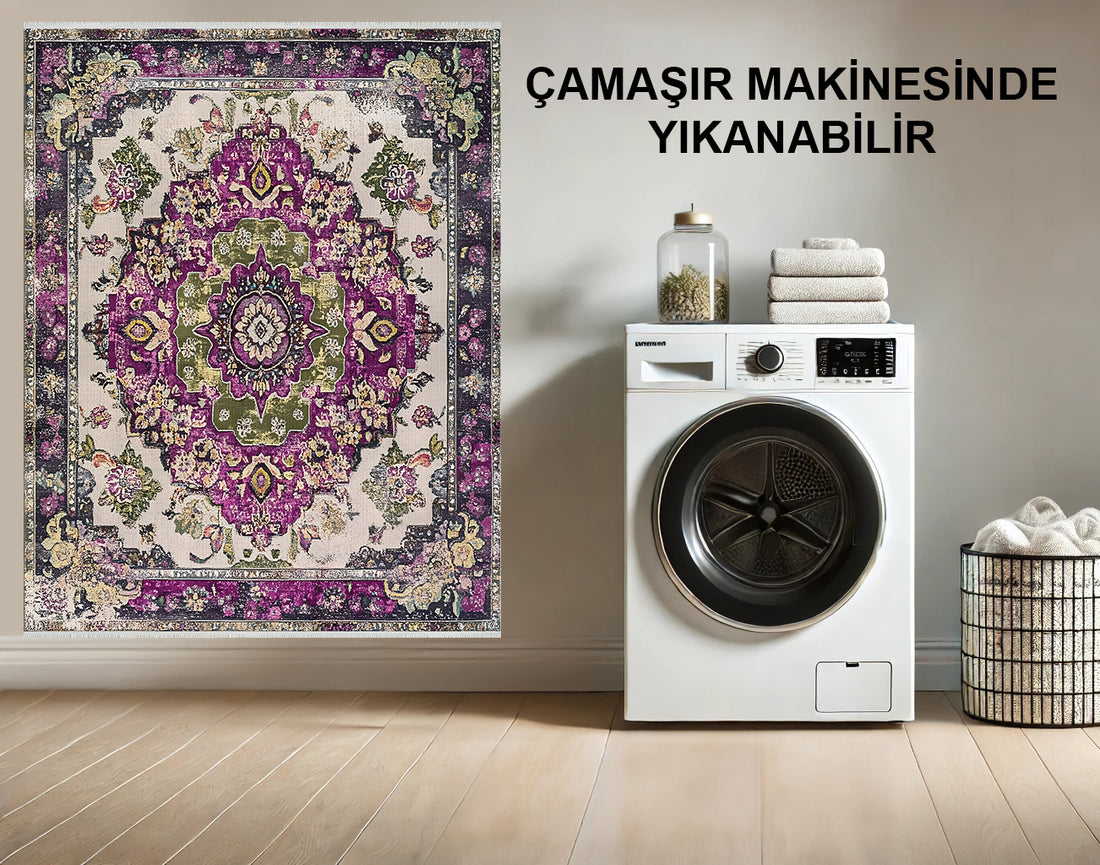 Mor ve Yeşil Vintage Çiçekli Madalyon Halı - Makinede Yıkanabilir Pamuk Taban