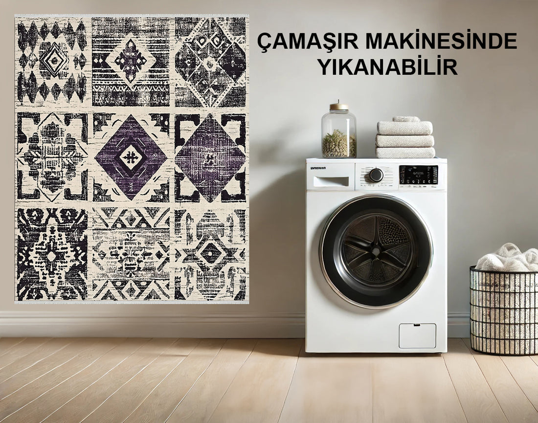 Patchwork Geometrik Halı - Siyah, Fildişi ve Mor - Eskitilmiş ve Modern Tasarım