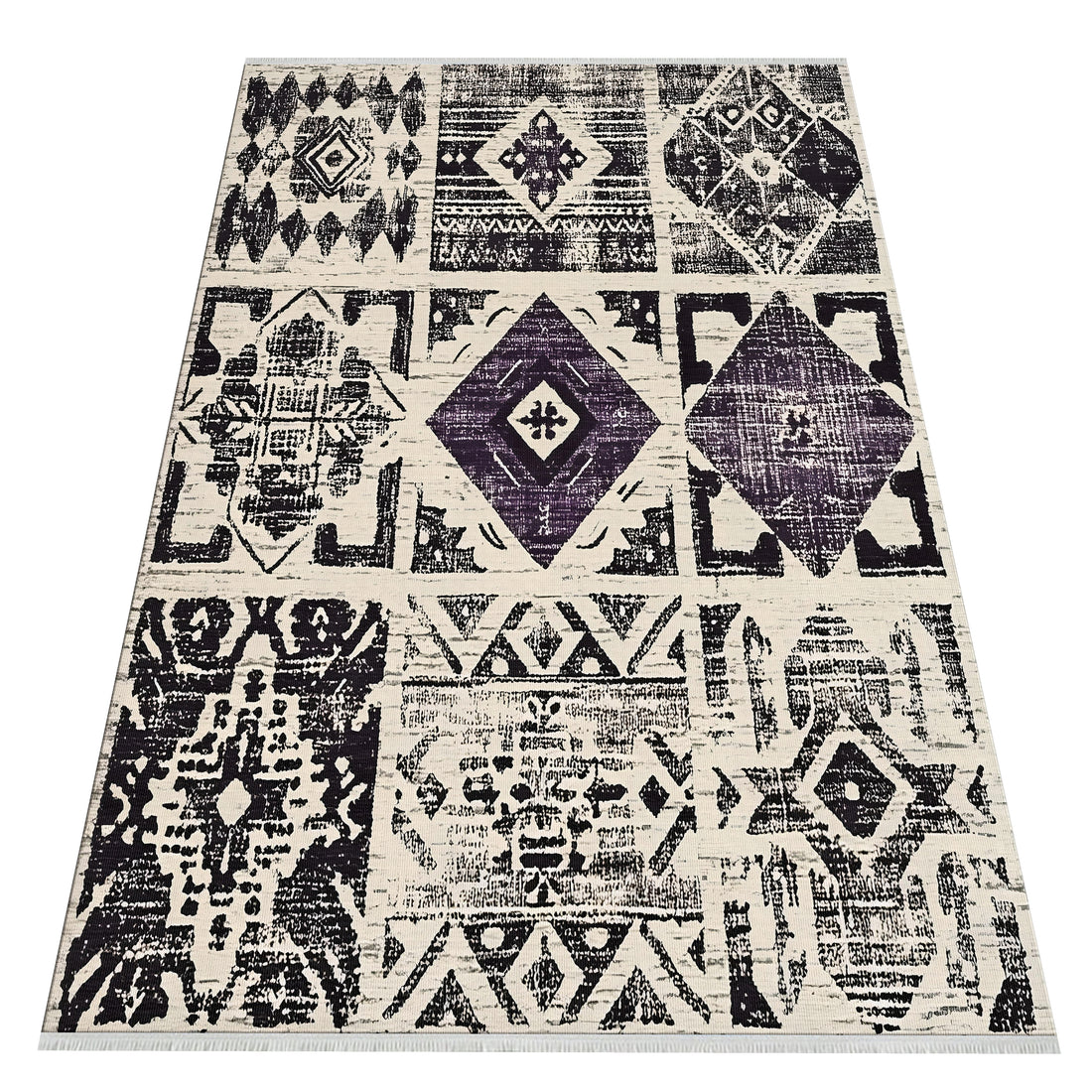 Patchwork Geometrik Halı - Siyah, Fildişi ve Mor - Eskitilmiş ve Modern Tasarım