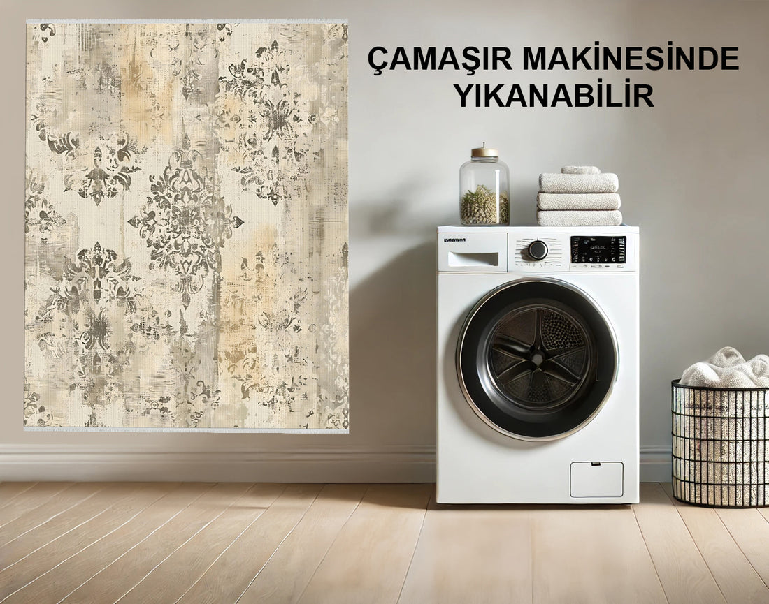 Vintage Damask Halı - Bej ve Gri - Eskimiş Tasarım