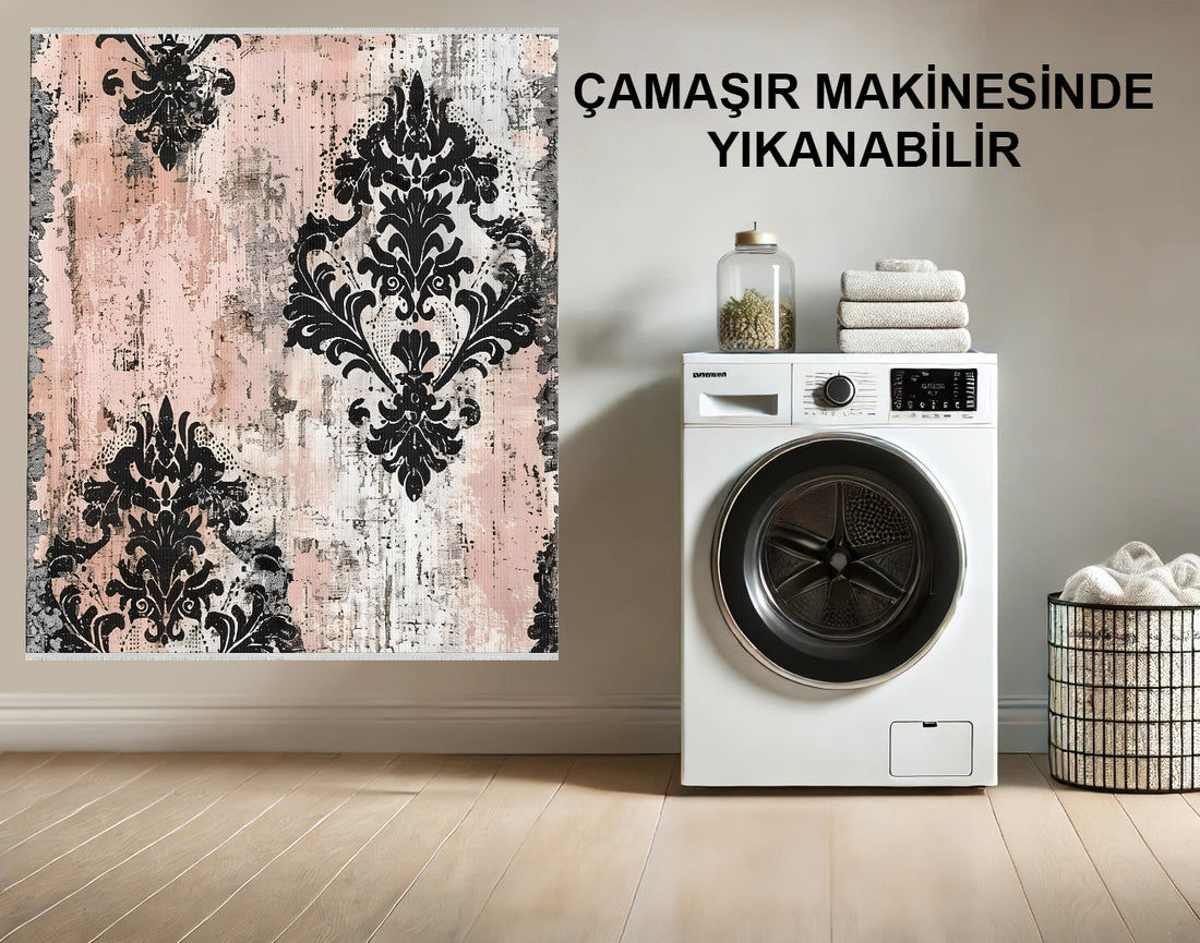 Vintage Damask Desenli Halı - Siyah ve Bej - Solmaya Dayanıklı, Kaymaz