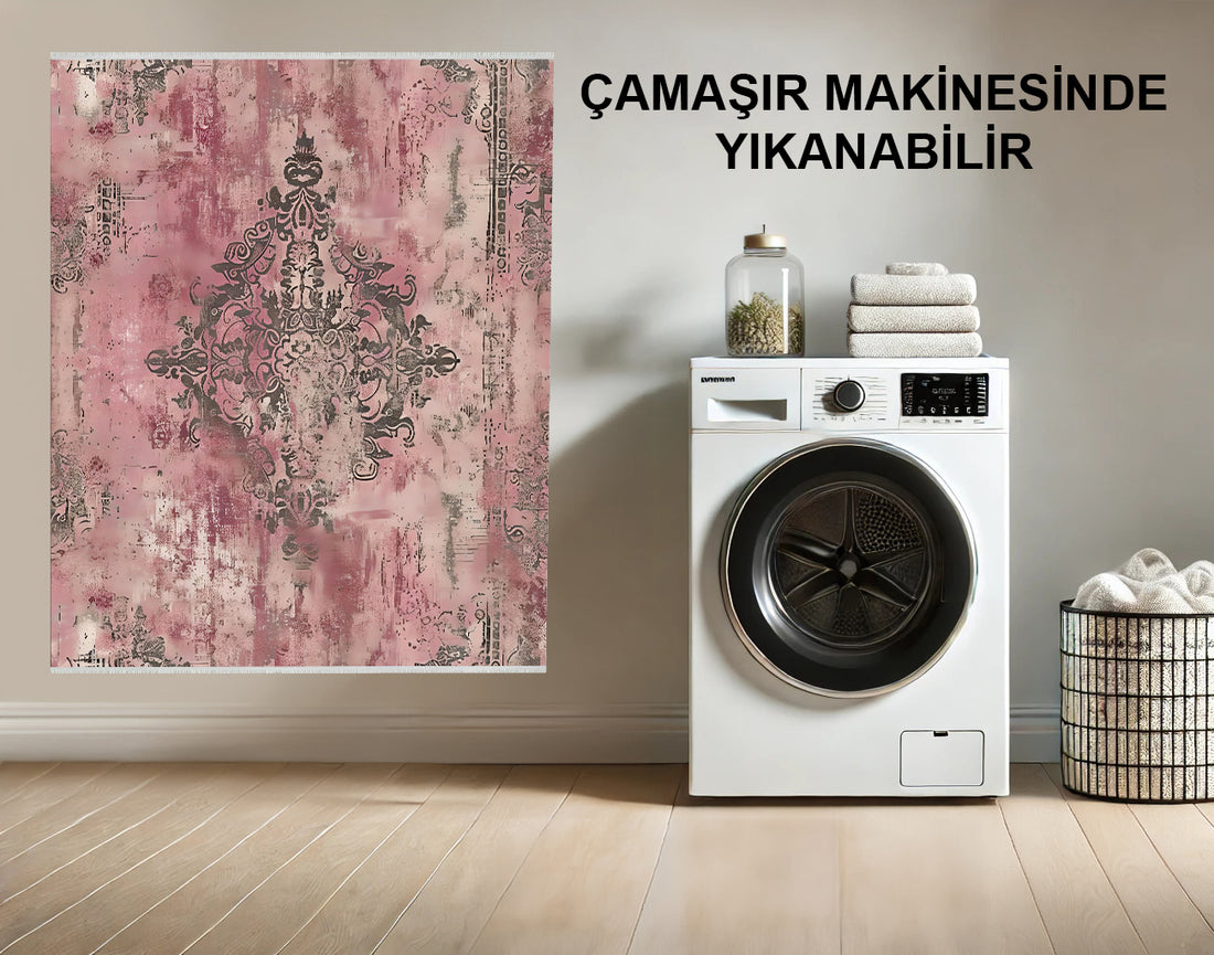 Vintage Pembe Damask Eskitilmiş Halı - Makinede Yıkanabilir; Kaymaz; Modern Halı