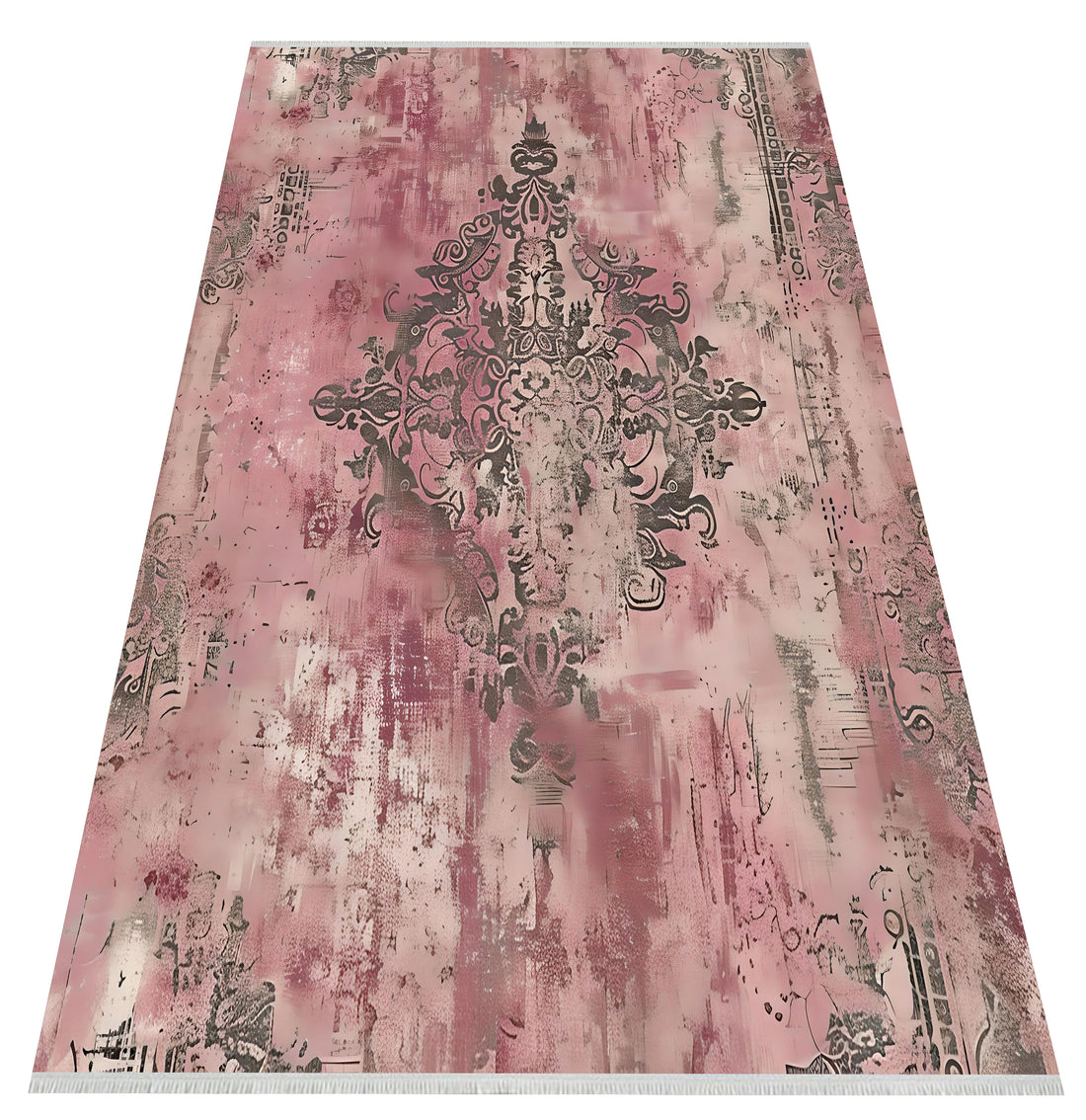 Vintage Pembe Damask Eskitilmiş Halı - Makinede Yıkanabilir; Kaymaz; Modern Halı