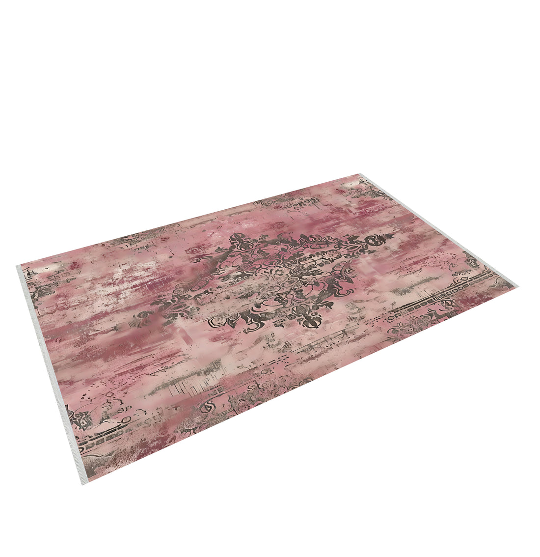 Vintage Pembe Damask Eskitilmiş Halı - Makinede Yıkanabilir; Kaymaz; Modern Halı