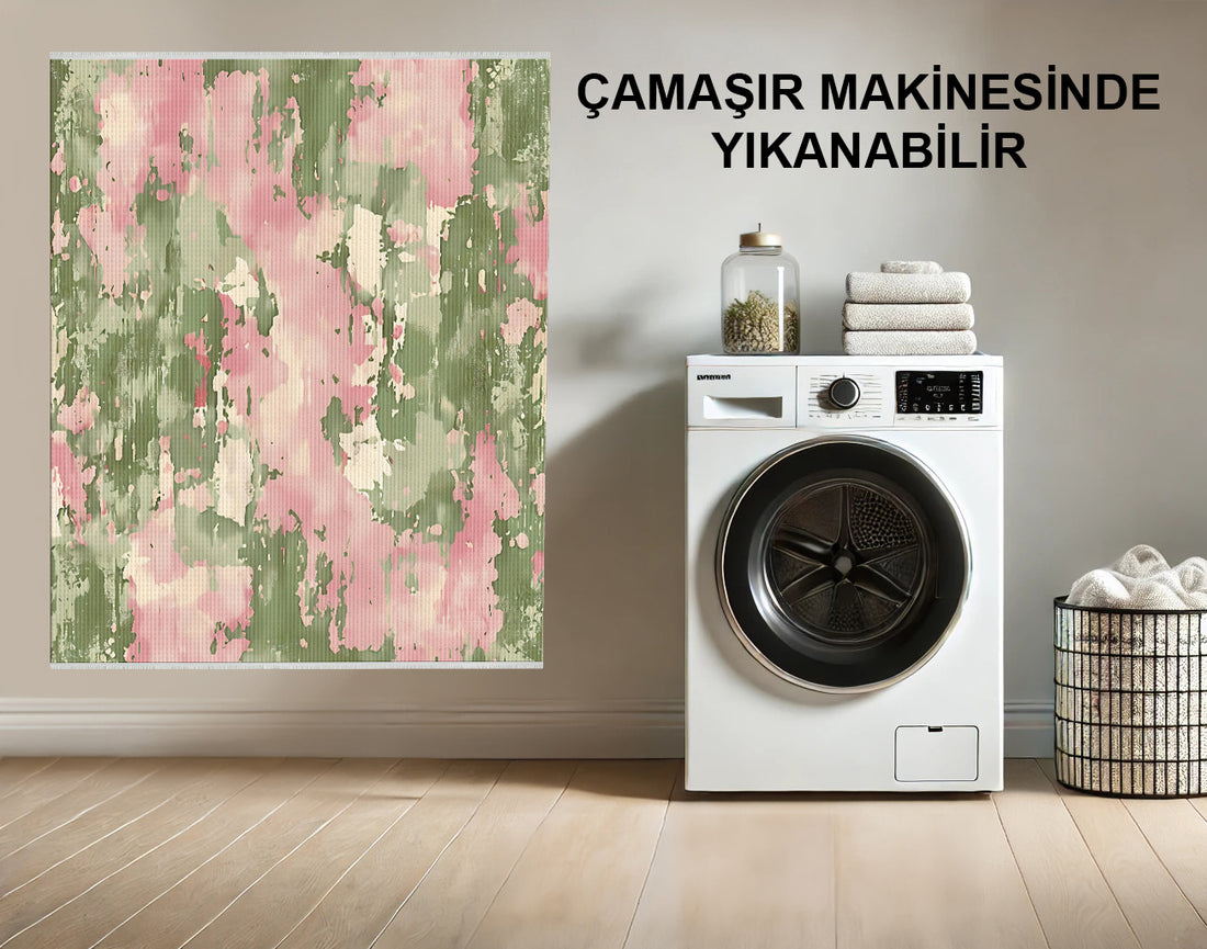 Soyut Yeşil ve Pembe Eskitilmiş Halı Modern; Yıkanabilir; Kaymaz