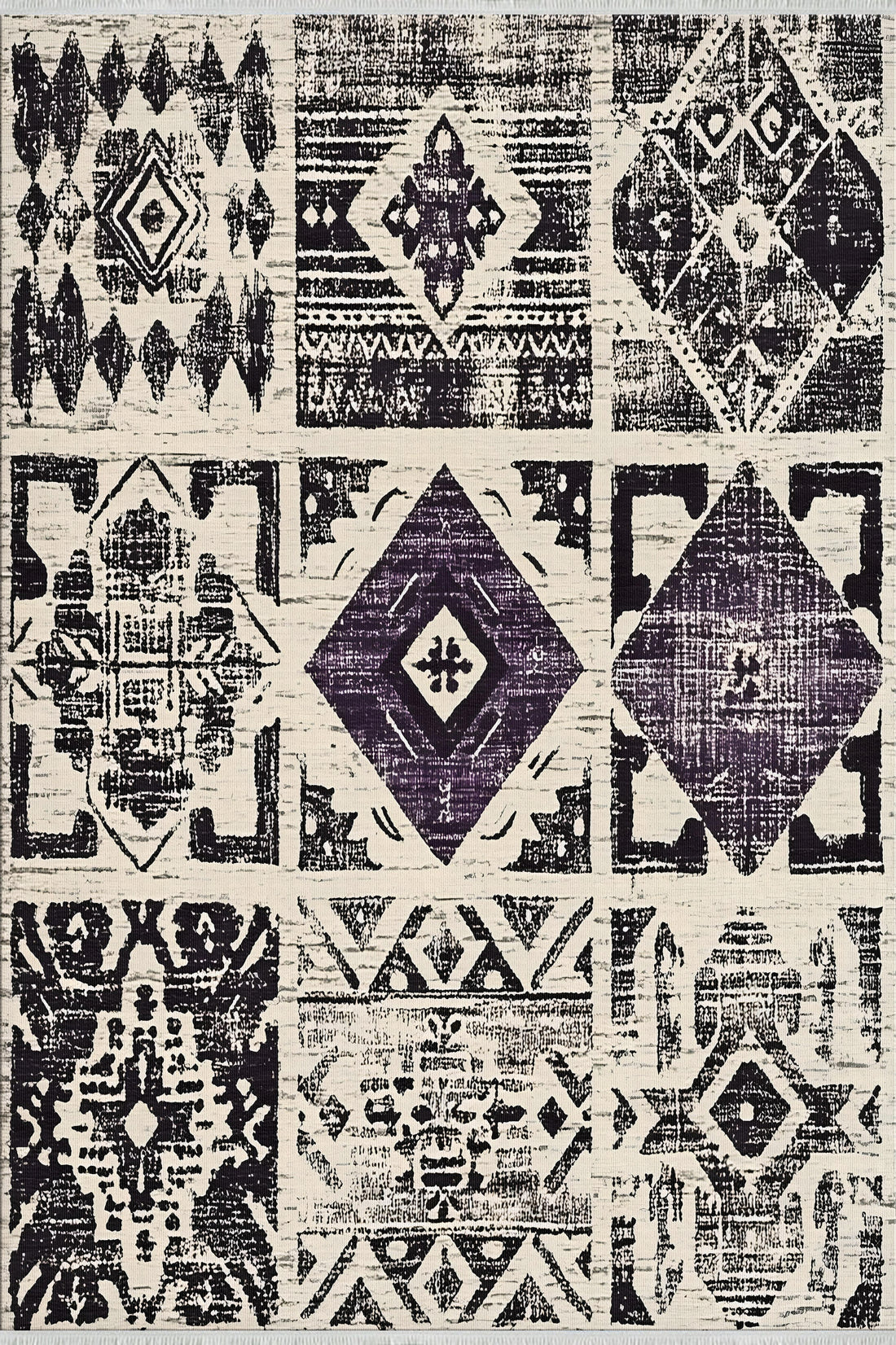 Patchwork Geometrik Halı - Siyah, Fildişi ve Mor - Eskitilmiş ve Modern Tasarım