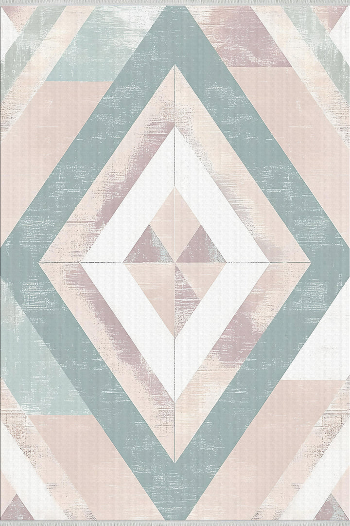 Geometrik Chevron Halı - Bej, Pembe ve Turkuaz