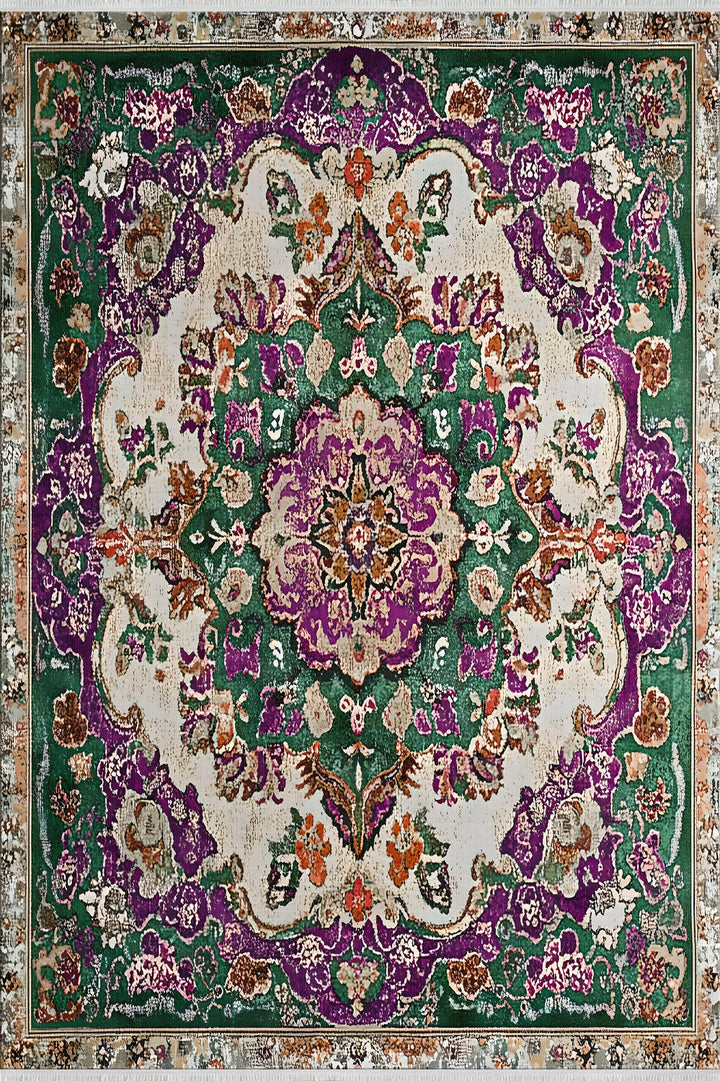 Yıkanabilir Vintage Yeşil ve Mor Madalyon Halı