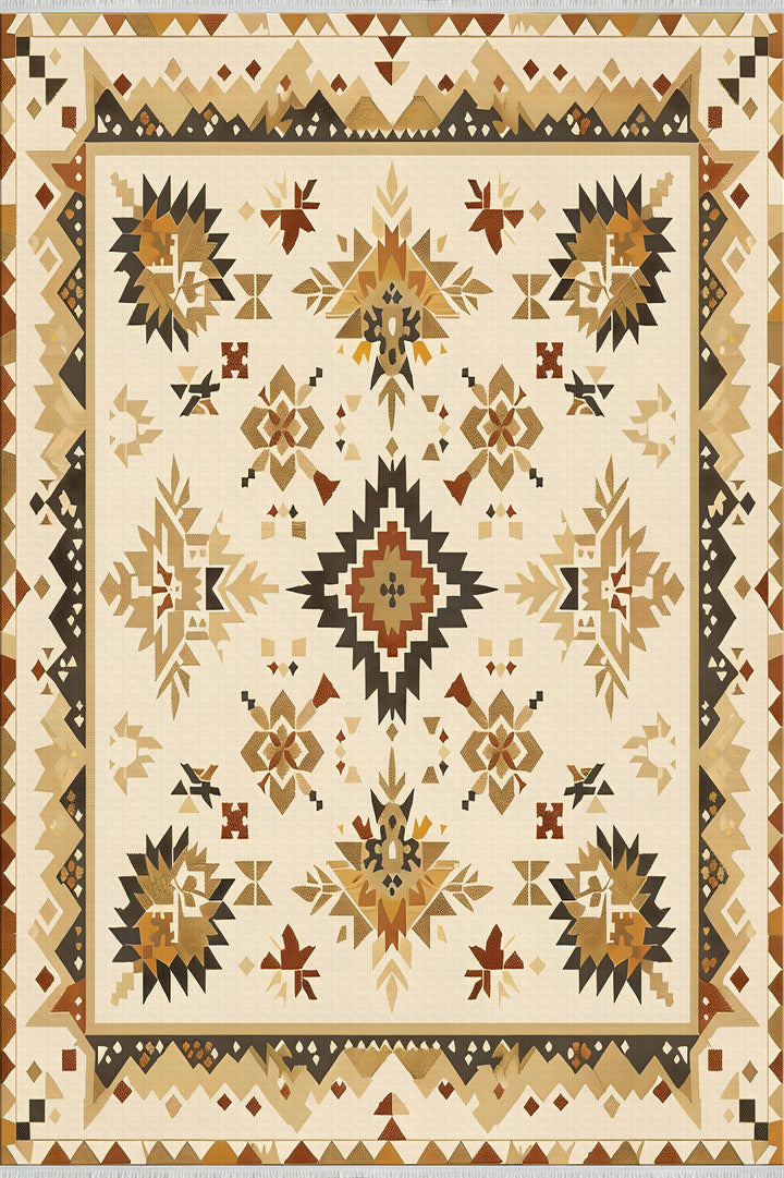 Güneybatı Geometrik Kilim Halı - Bej, Kahverengi ve Fildişi - Rustik ve Kabile Tasarımı