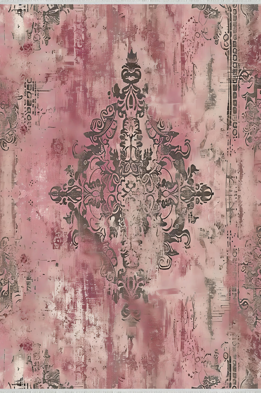 Vintage Pembe Damask Eskitilmiş Halı - Makinede Yıkanabilir; Kaymaz; Modern Halı