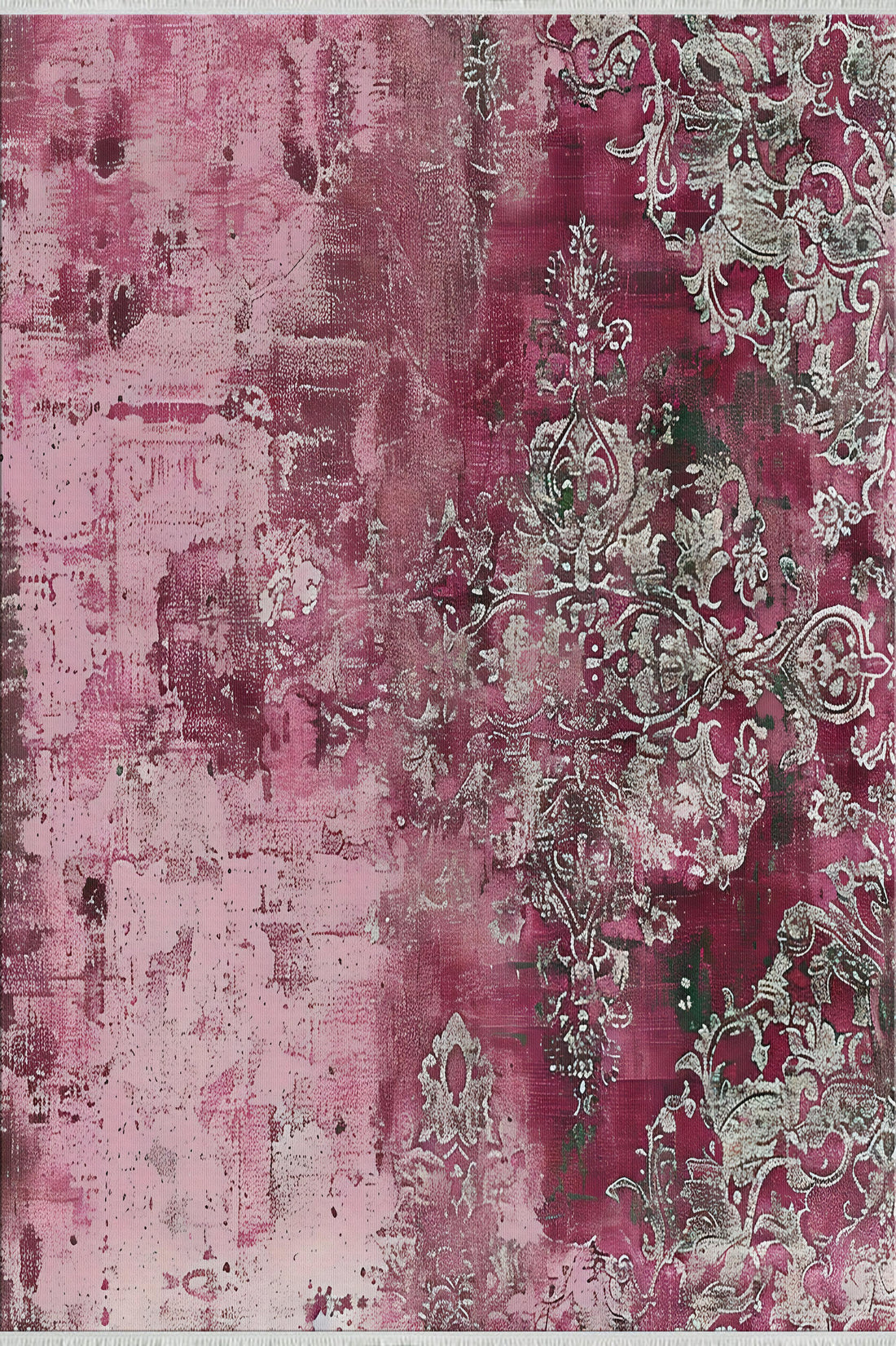 Vintage Eskitilmiş Damask Halı - Pembe ve Bordo - Leke Tutmaz